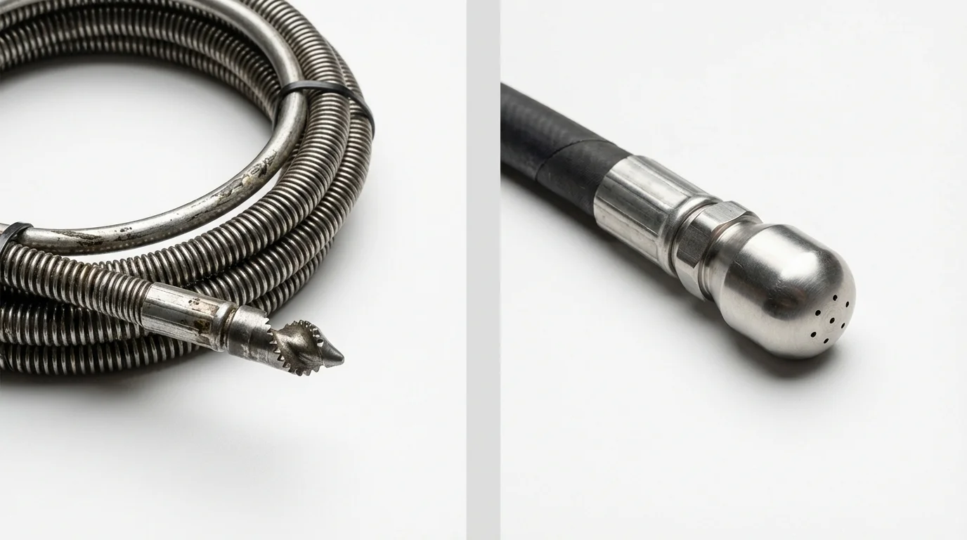 Drain snake cable and hydro jetting nozzle used for drain cleaning in Newark, CA