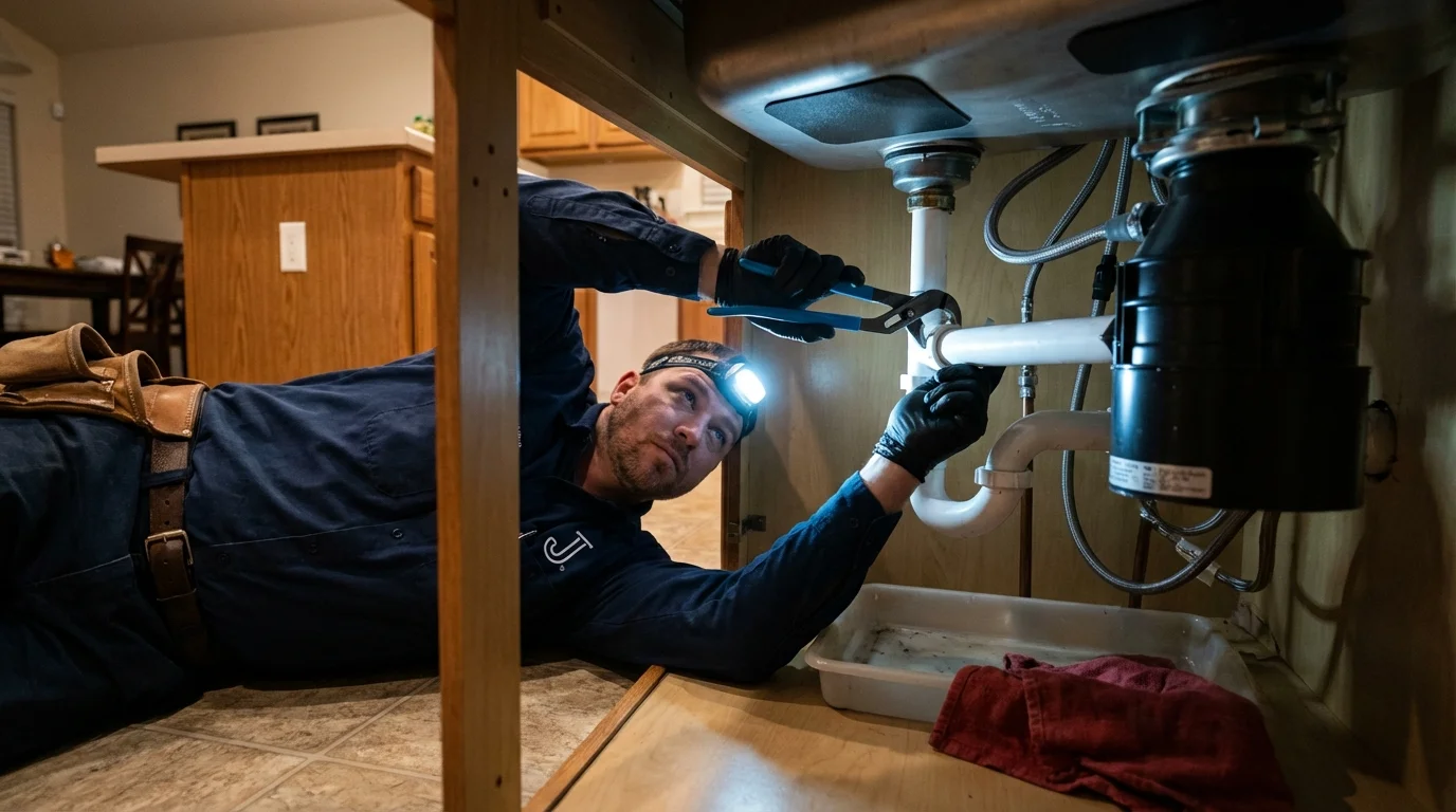 P-trap and supply line connections under a kitchen sink showing a common leak point in Newark, CA
